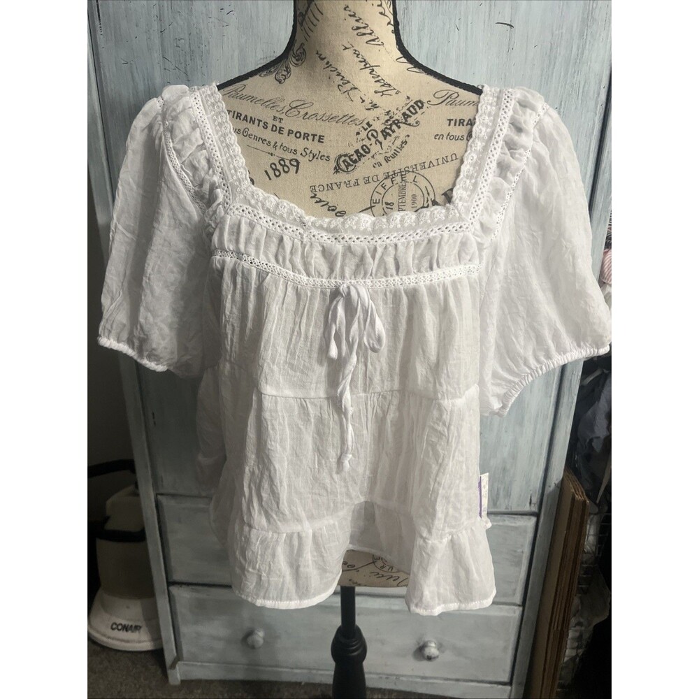 Lotus and lavender baby doll puff sleeve embroidered blouse Y2K Lrg Cottage Core